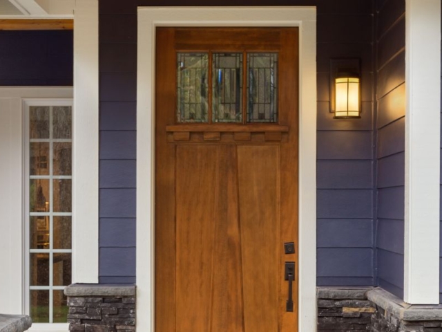 Wood Front Door With Blue Siding